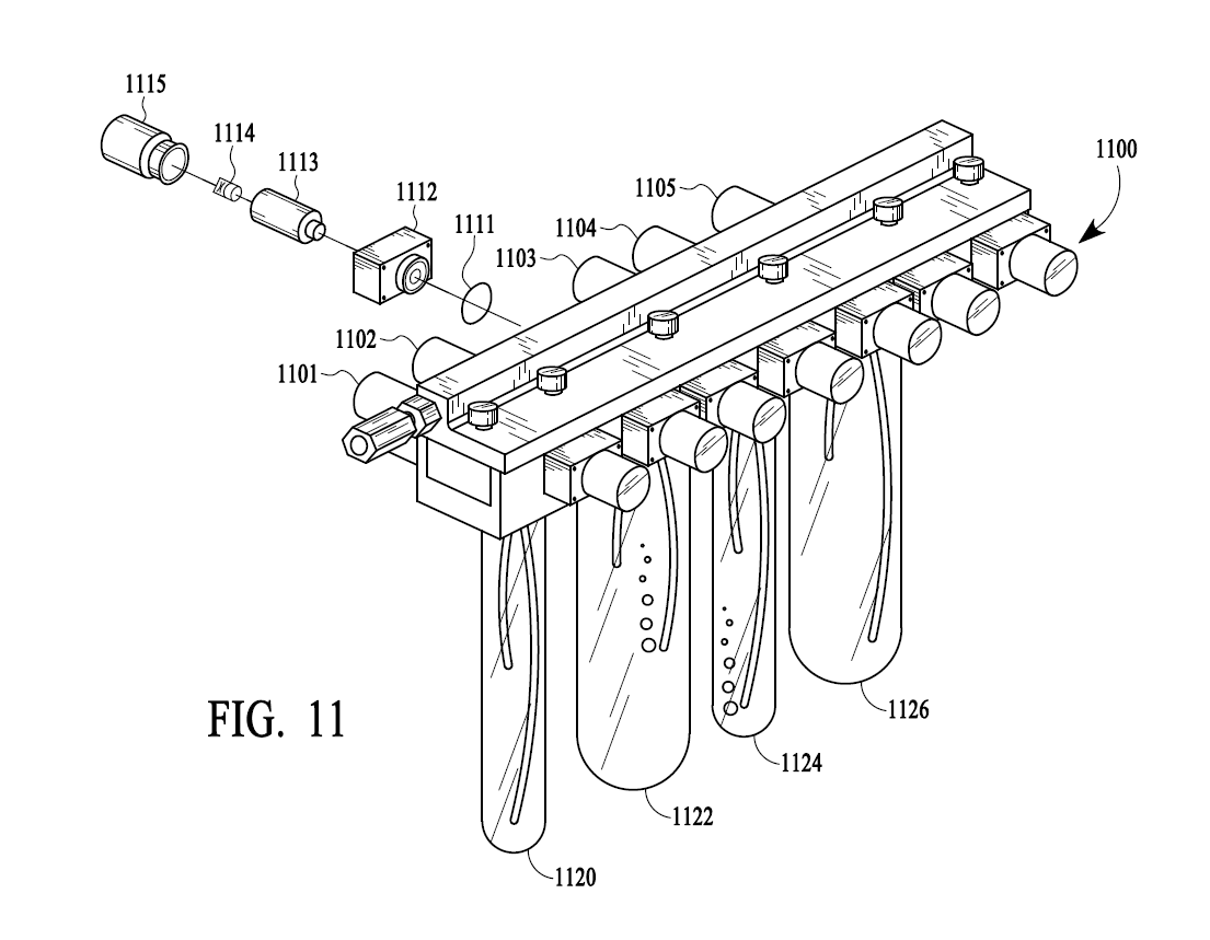 A professional utility patent drawing demonstrating a filtering system for USPTO submission.