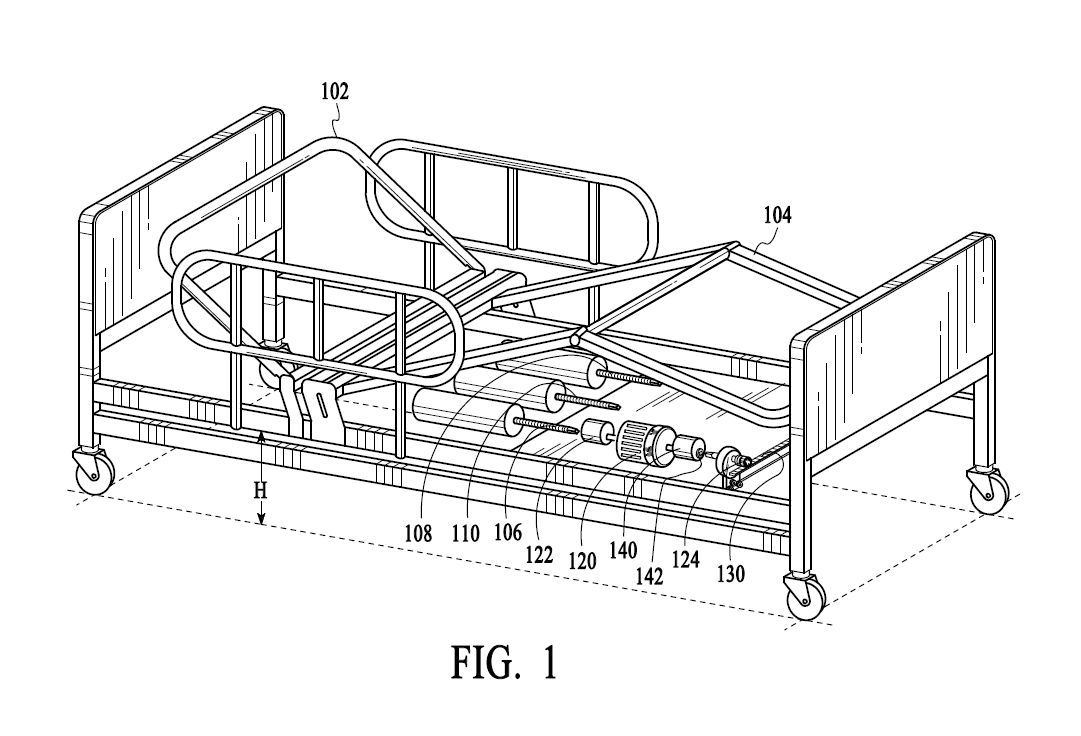 A professional utility patent drawing demonstrating a single-motor driven hospital bed for USPTO submission.