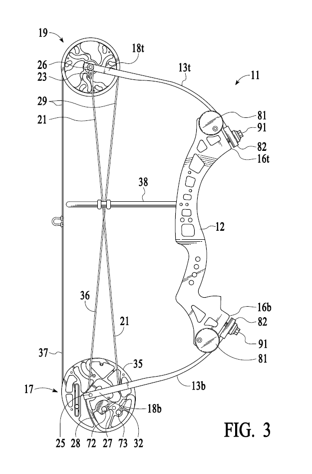 A professional utility patent drawing demonstrating a high powered compact hunting bow for USPTO submission.