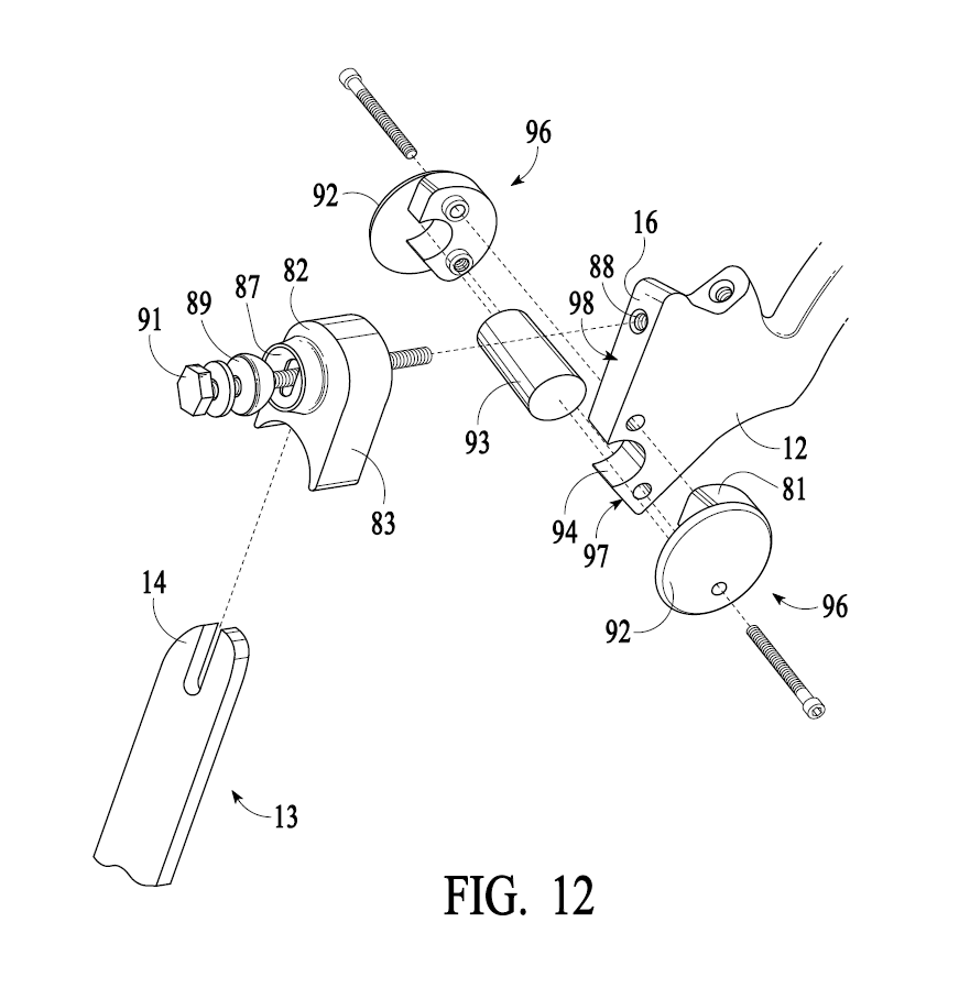 A professional utility patent drawing demonstrating the firing mechanism for a high powered compact hunting bow for USPTO submission.