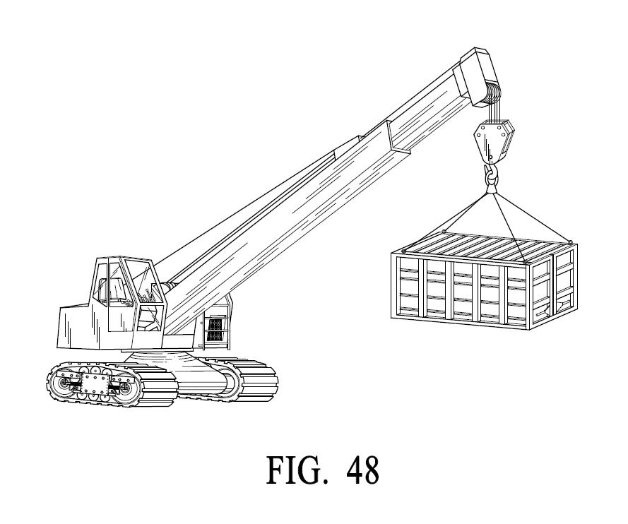 A professional utility patent drawing demonstrating a heavy-duty industrial sideboom crane machine for USPTO submission.