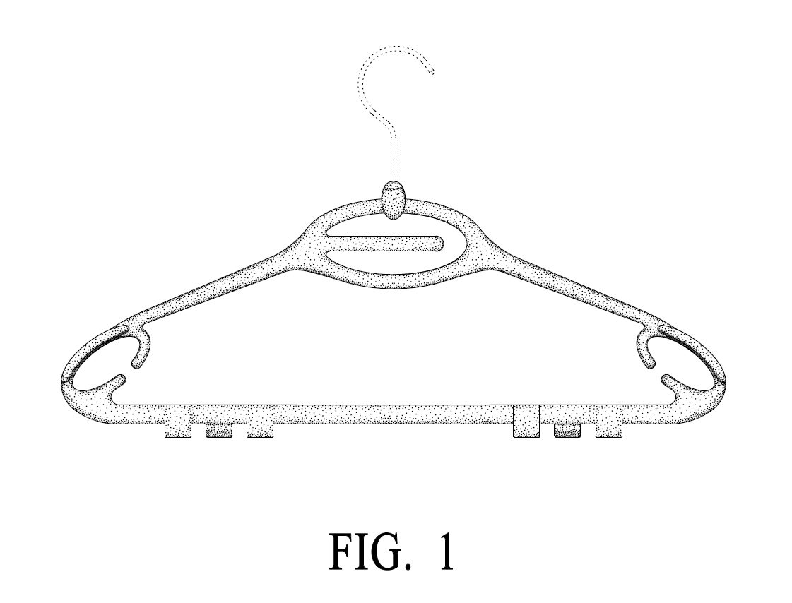 A professional design patent drawing demonstrating a decorative clothes hanger for USPTO submission.