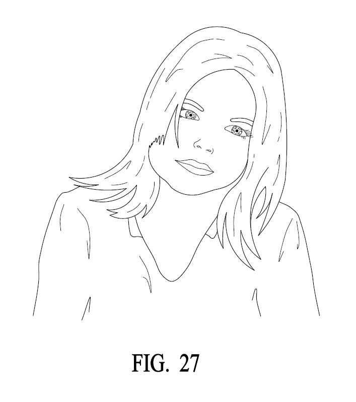 A professional utility patent drawing demonstrating a beautiful person wearing smart contact lenses for USPTO submission.