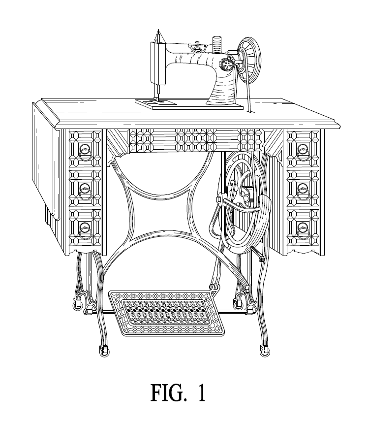 A professional utility patent drawing demonstrating a sewing machine.